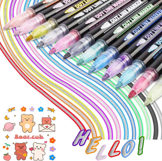 Double Line Outline Glitter Marker Pens (12pens)