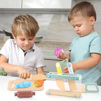 Wooden Kids Play Kitchen Set with Toy Utensils & Velcro Food – Montessori Pretend Cooking Playset