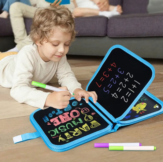 Erasable & Reusable Doodle Magic Blackboard Book with 3 Color Markers – Kids Drawing & Learning Activity Book