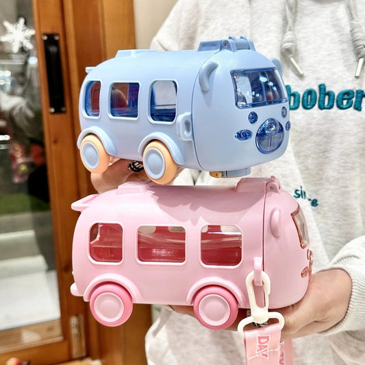 Imported 600ml Bus Water Bottle | Kids Cute Bus Shape | Strap, Sipper & Straw | Leakproof BPA Free